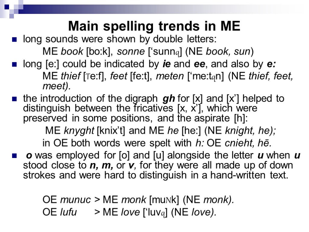 Main spelling trends in ME long sounds were shown by double letters: ME book